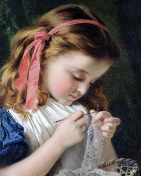 Sophie Gengembre Anderson Painting - Little girl crocheting Sophie Gengembre Anderson